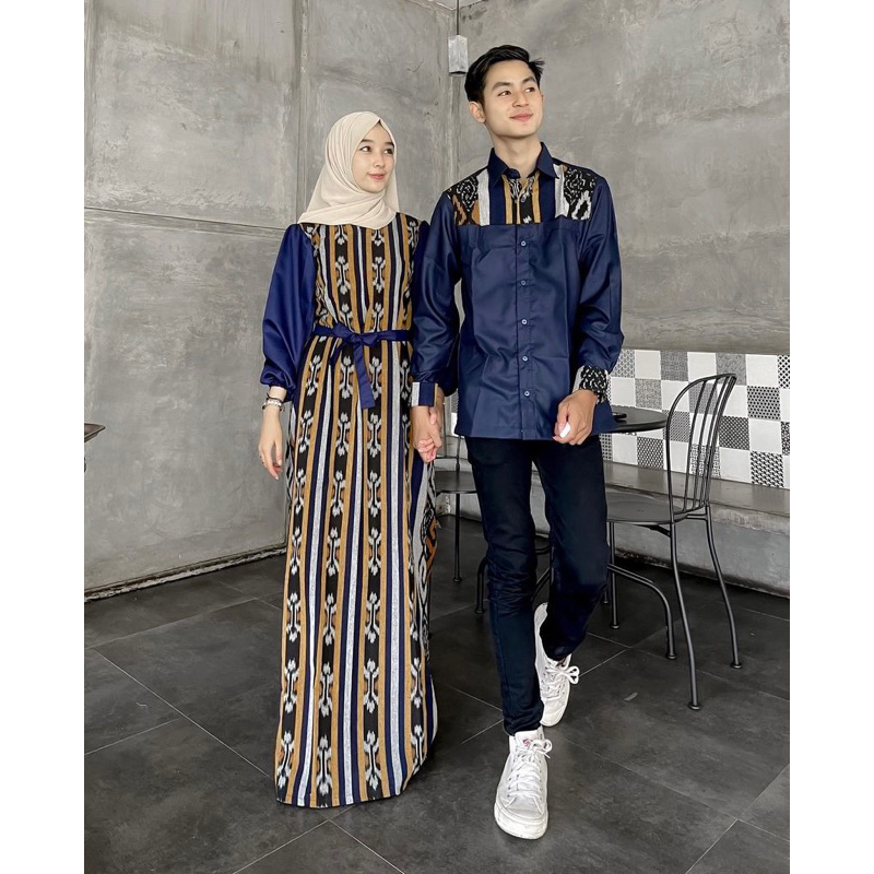 RAYA Navy Mustard - gamis tenun couple - baju lebaran - dress lebaran - set couple lebaran - baju co