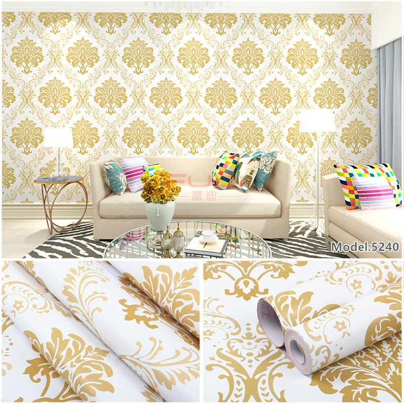 WALLPAPER DINDING RUANG TAMU/KAMAR MOTIF ELEGANT BATIK EMAS DASAR PUTIH PREMIUM