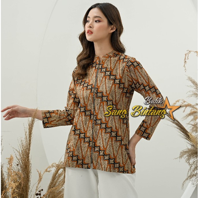 Blouse Batik Modern Wanita Motif Paraang Daun Atasan Batik Wanita Batik Solo