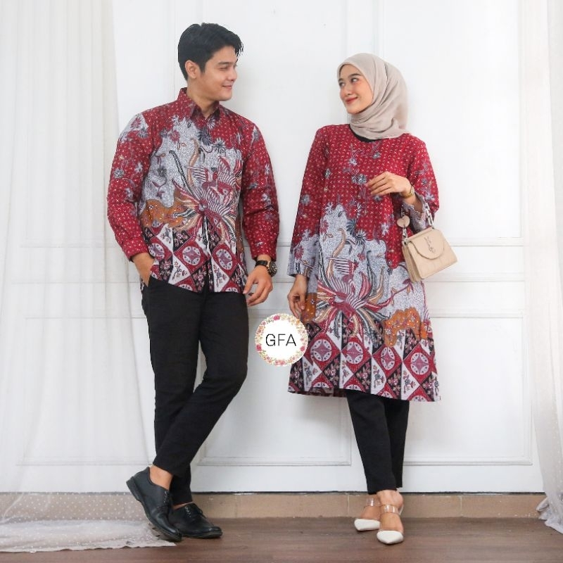 COUPLE TUNIK BATIK MODERN WARNA MERAH MAROON SARIMBIT GAMIS KEMEJA PANJANG TANGAN PENDEK XXL XXXL JU