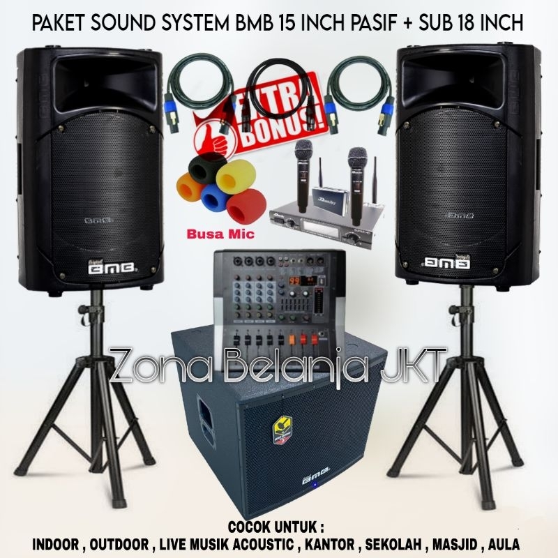 PAKET SOUND SYSTEM INDOOR OUTDOOR LIVE MUSIK KARAOKE SPEAKER BMB 15 INCH PASIF + SUBWOOFER 18 INCH A