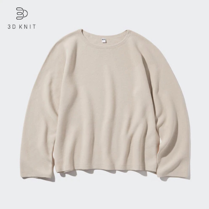UNIQLO Women Knit Sweater Rajut Wanita 3D Katun Crew Neck Lengan Panjang
