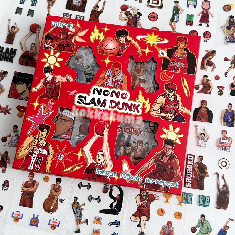 

NONO SLAM DUNK Aesthetic Sticker Box Set isi 100 Lembar 2D Stiker Anti Air Waterproof Deco untuk Anak Laki Scrapbook Box Kotak isi 100 Lembar