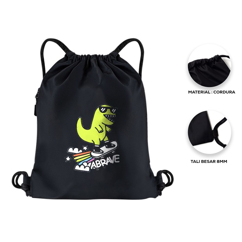 Tas Serut Pria Wanita Terbaru Gambar Dino || Tas Ransel Sekolah || Tas Serut Futsal