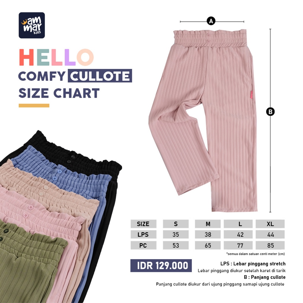 Celana Panjang Kulot Anak Perempuan Usia 3 - 12 Tahun Bahan Polos Knit Premium Hello Comfy Culotte Original 4 5 6 7 8 9 10 11