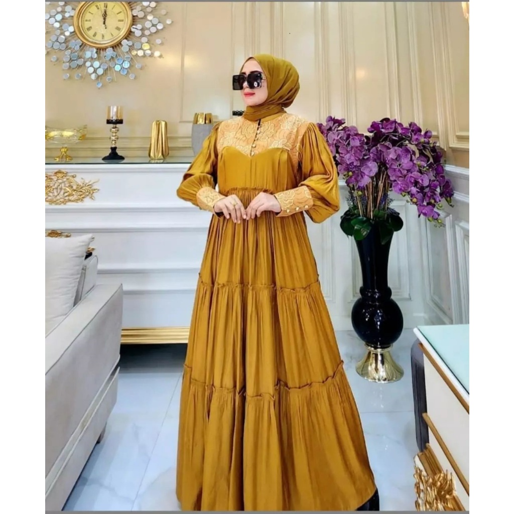 Baju Gamis Jameela Maxi Bahan Ceruty Babydoll Full Furing Mix Brokat Dress Kaftan Gamis Wanita Kekin