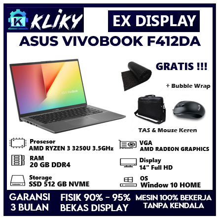 LAPTOP GAMING ASUS VIVOBOOK F412DA AMD RYZEN 3 RAM 20 GB SSD 512 GB LIKE NEW