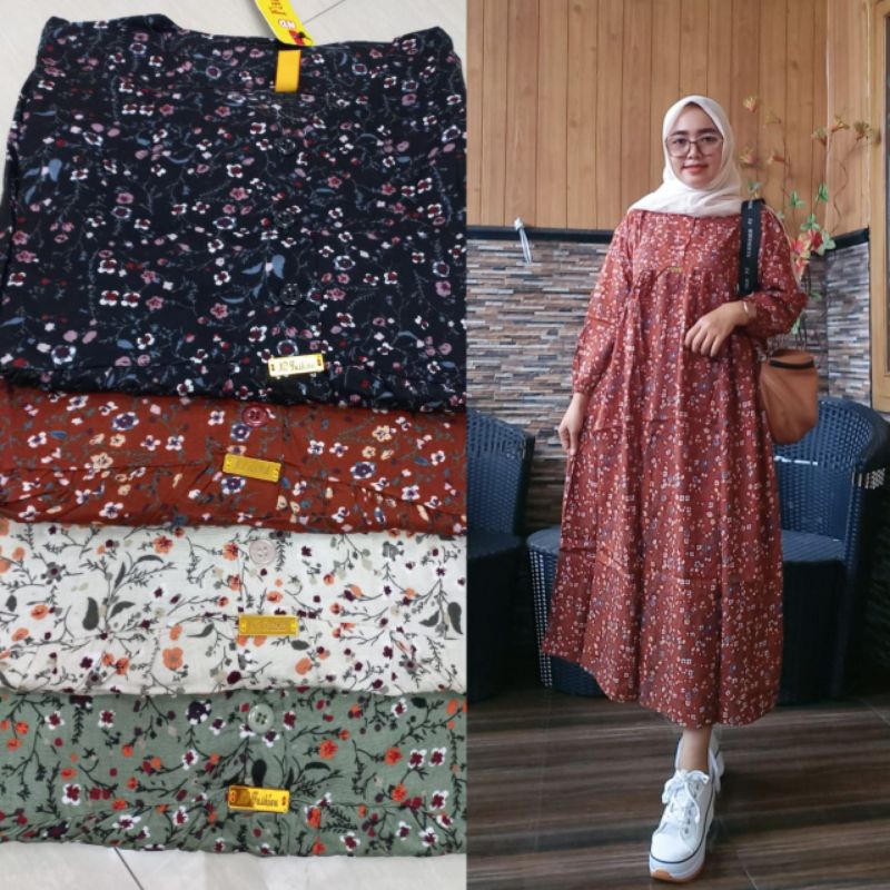 midi dress rayon motif kotak dres korean style ld 120 jumbo