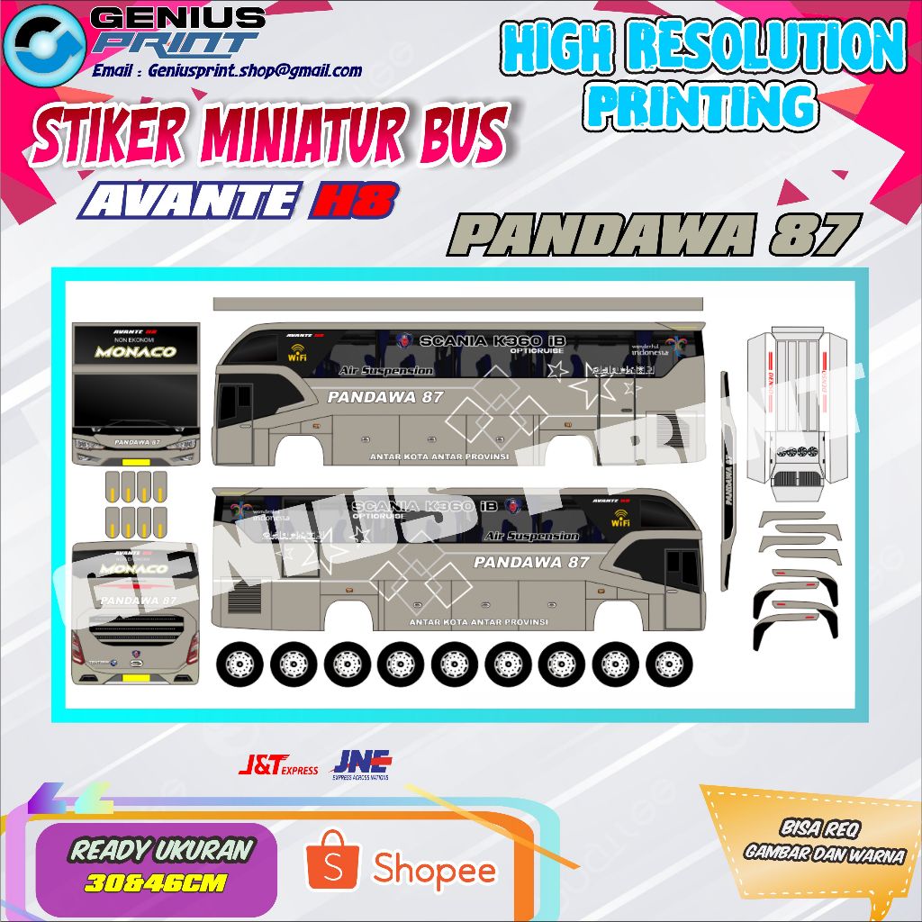 Stiker Miniatur Bus Avante H8 Livery Pandawa 87 Ukuran 30 dan 46cm