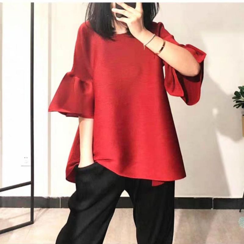 2446 Baju atasan blouse HIMIKO PLEATS BABYDOLL top lengan pendek trompet lonceng Korea Korean style 