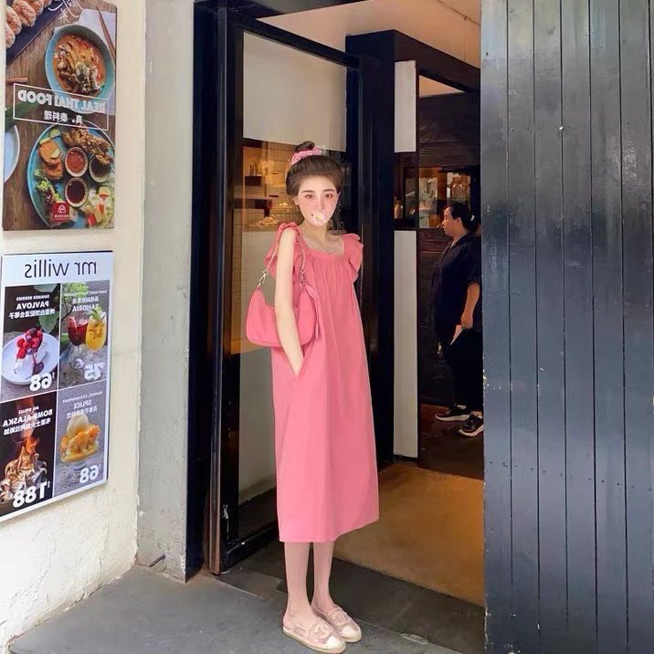 Midi Home Dress 7/8 Tali Ruffle Sleeveless Polos Nyaman - Pink Salem