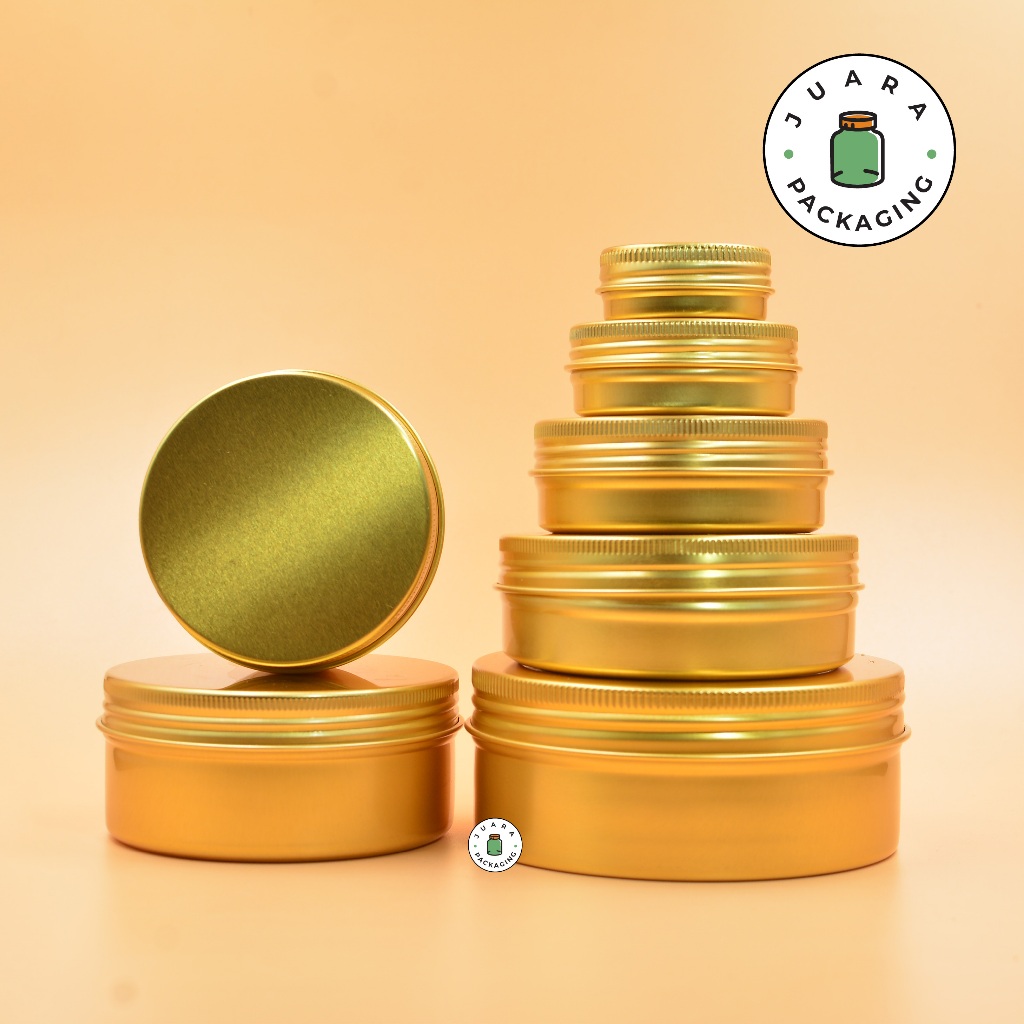 Jar Aluminium Warna Gold 5ml 10ml 15ml 20ml 30ml 50ml 60ml 80ml 100ml 150ml 200ml 250ml – Kaleng Ema