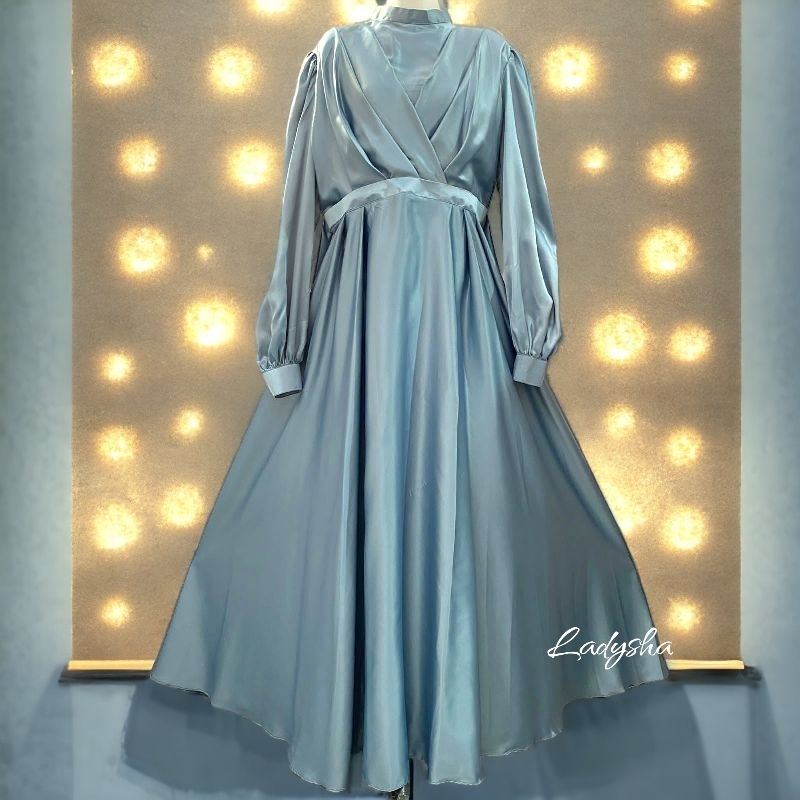 Dress Gamis Satin Silk Biru Wardah