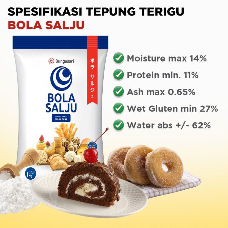 

TEPUNG TERIGU PROTEIN SEDANG BUNGASARI BOLA SALJU 1KG MULTIPURPOSE/SERBAGUNA