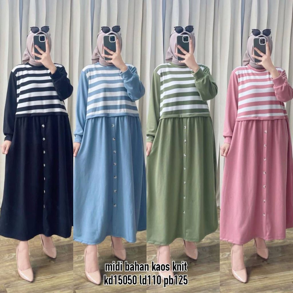 LONG MAXI MOTIF GARIS VARIASI 2IN1 NYATU ACC KANCING BAGIAN ROK TANGAN PANJANG PREMIUM WANITA TERUSA