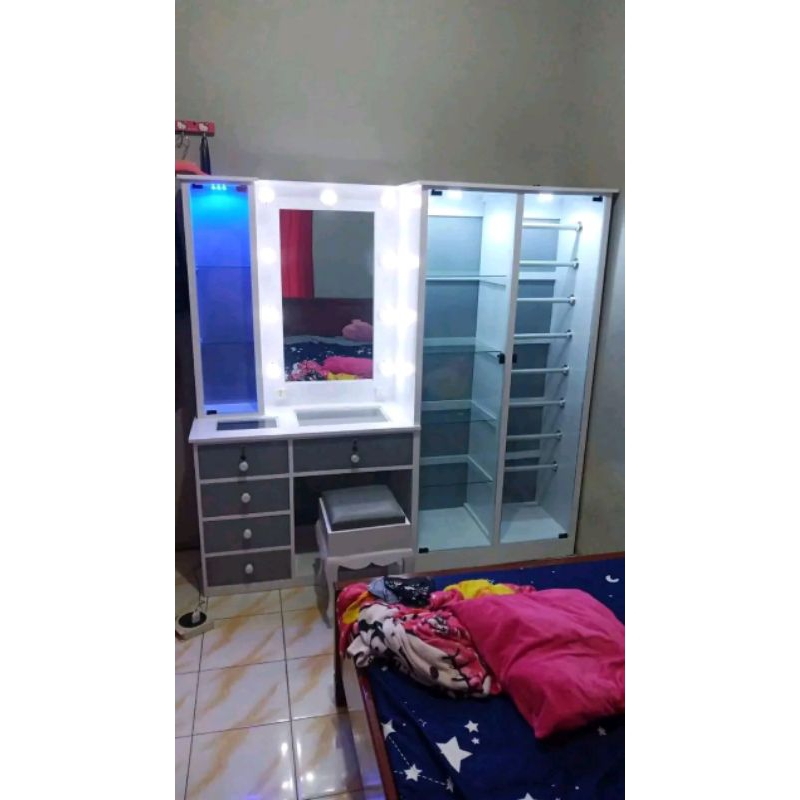 ISTIMEWA nota untuk Meja rias led set lemari dan rak hijab / lemari kayu jati sliding / lemari kayu 
