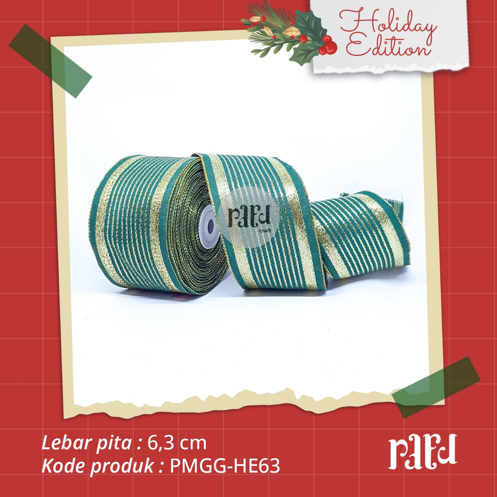 

[RC]-Pita Natal|Pita Motif Garis-Garis|Pita Kado/Hampers|PER 1 YARD (90cm)|Lebar 6,3 CM|Hijau Emas