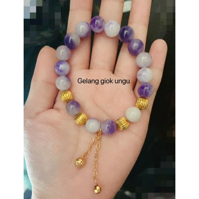 Gelang giok warna ungu lapis emas impor awet