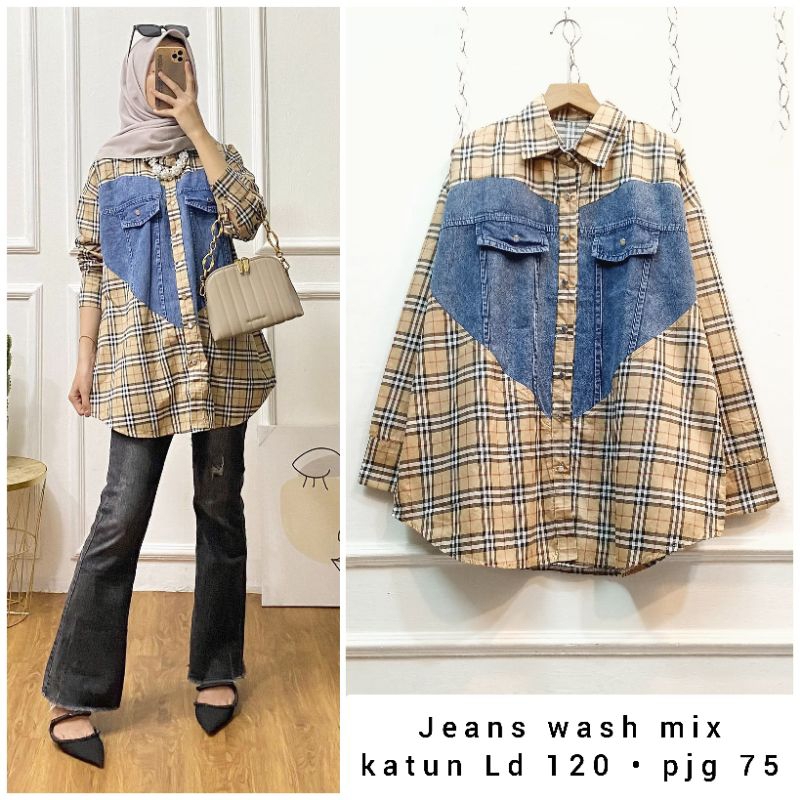 kemeja jeans mix katun import fashion wanita modern