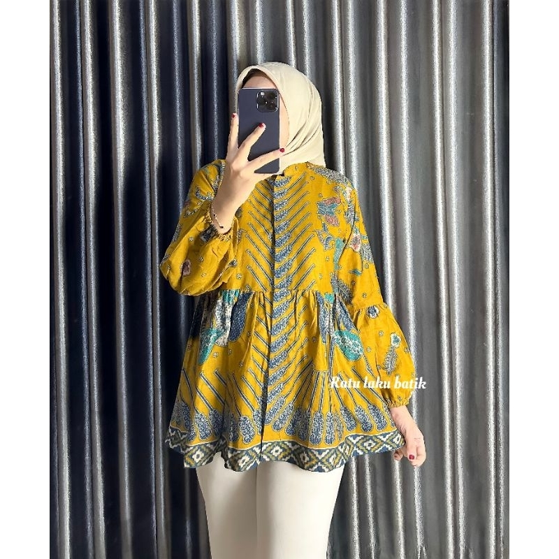 Atasan batik wanita Blus batik lengan balon model peplum payung blus terbaru