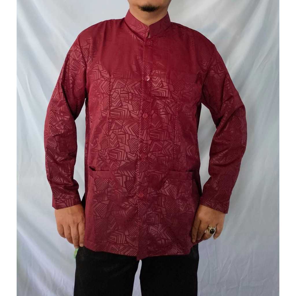Fashion Muslim Pria Baju Koko Embos Model Ammu Lengan Panjang Kancing Besar Terbaru 2024