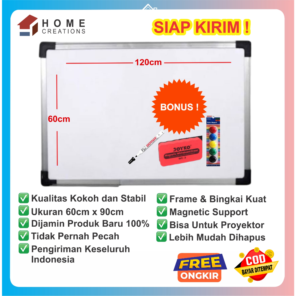 

Papan Tulis WhiteBoard Magnet Gantung, Papan Tulis Murah ukuran 60x120cm