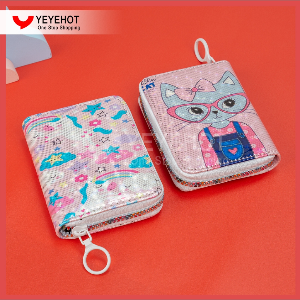 Dompet PU Tas Kartu Merah Muda Kucing Dompet Fashion Pendek Anak Perempuan Pelajar Dompet Kartun