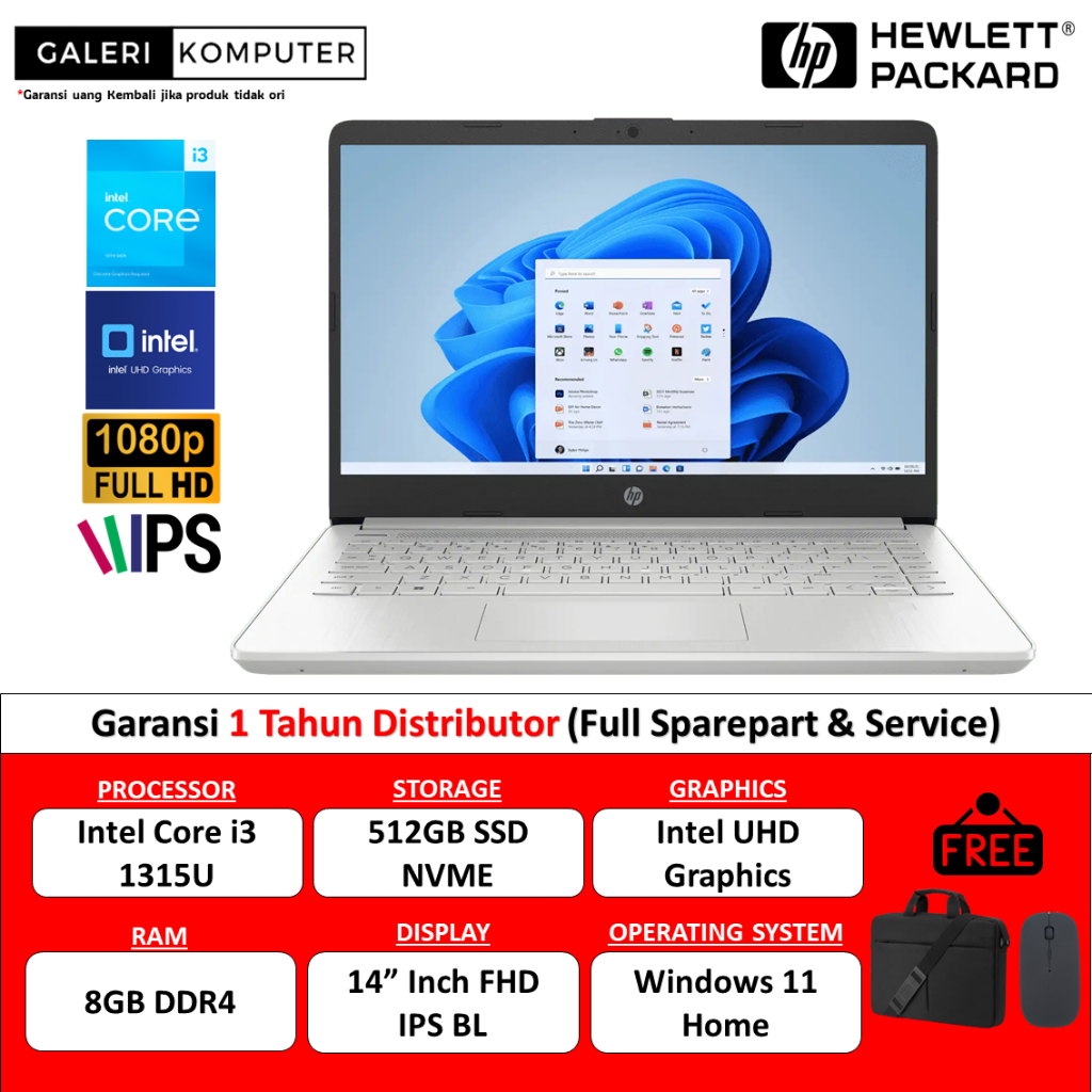 Laptop HP 14S Intel Core i3 1315U 8GB 512GB SSD FHD IPS Windows 11 Original