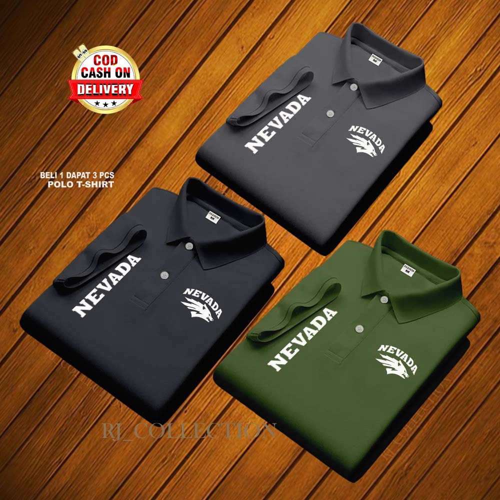 COD T-shrit POLO kerah Nevada Kirika Text Putih Kaos Kerah Dewasa Shirt / Kaos Wangki Pria Polo / Ka