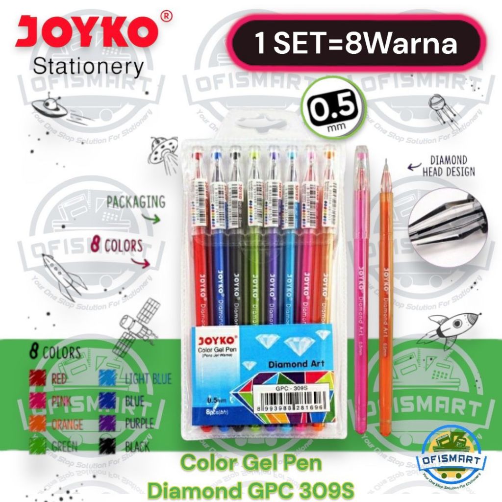 

Joyko Pulpen Gel Warna Diamond Art GPC-309S| @1Set=8Pen