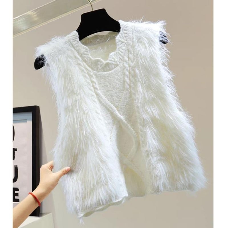 B1320 Baju outer FUR KNITTER RAJUT BULU Vest rajut vintage Korea Korean style wanita premium import 