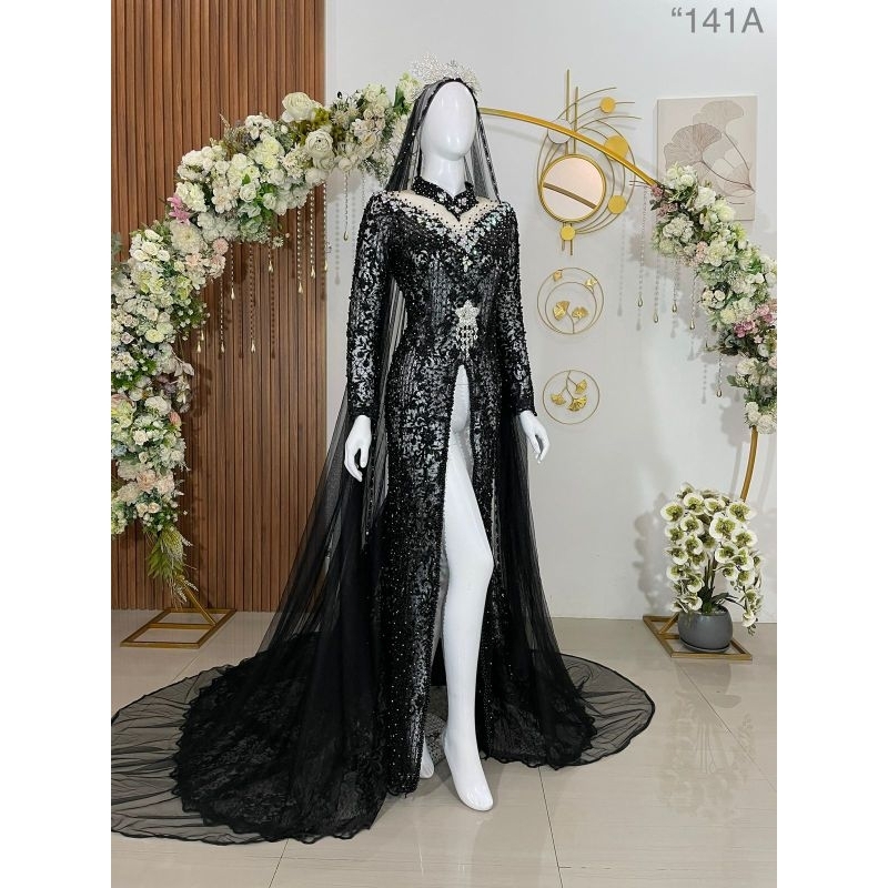 Kebaya pengantin modern Hitam veil panjang