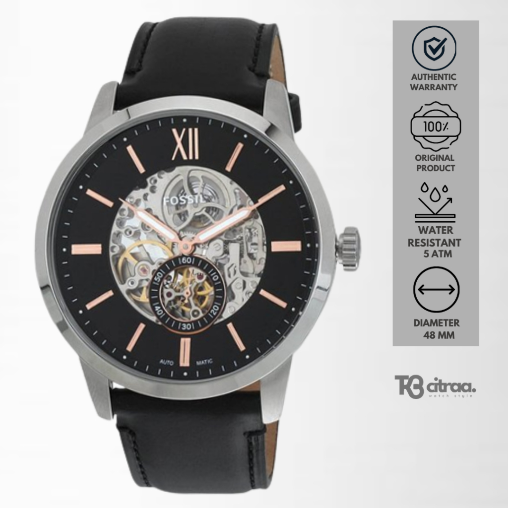 jam tangan fossil automatic pria Townsman analog strap kulit cowon men black hitam leather water resistant casual elegant original ME3153