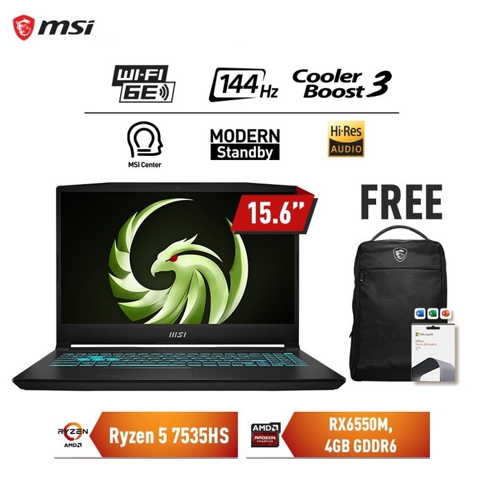 MSI BRAVO 15 B7ED 014 RYZEN 5-7535HS RX6550M 4GB 15.6" FHD OHS W11