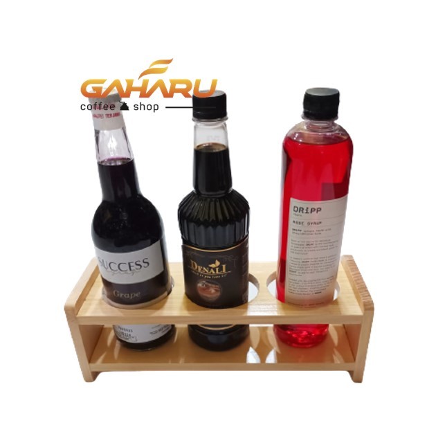 Rak Kayu Lubang Bulat Display Botol Sirup Gula utk Dapur & Meja Bar