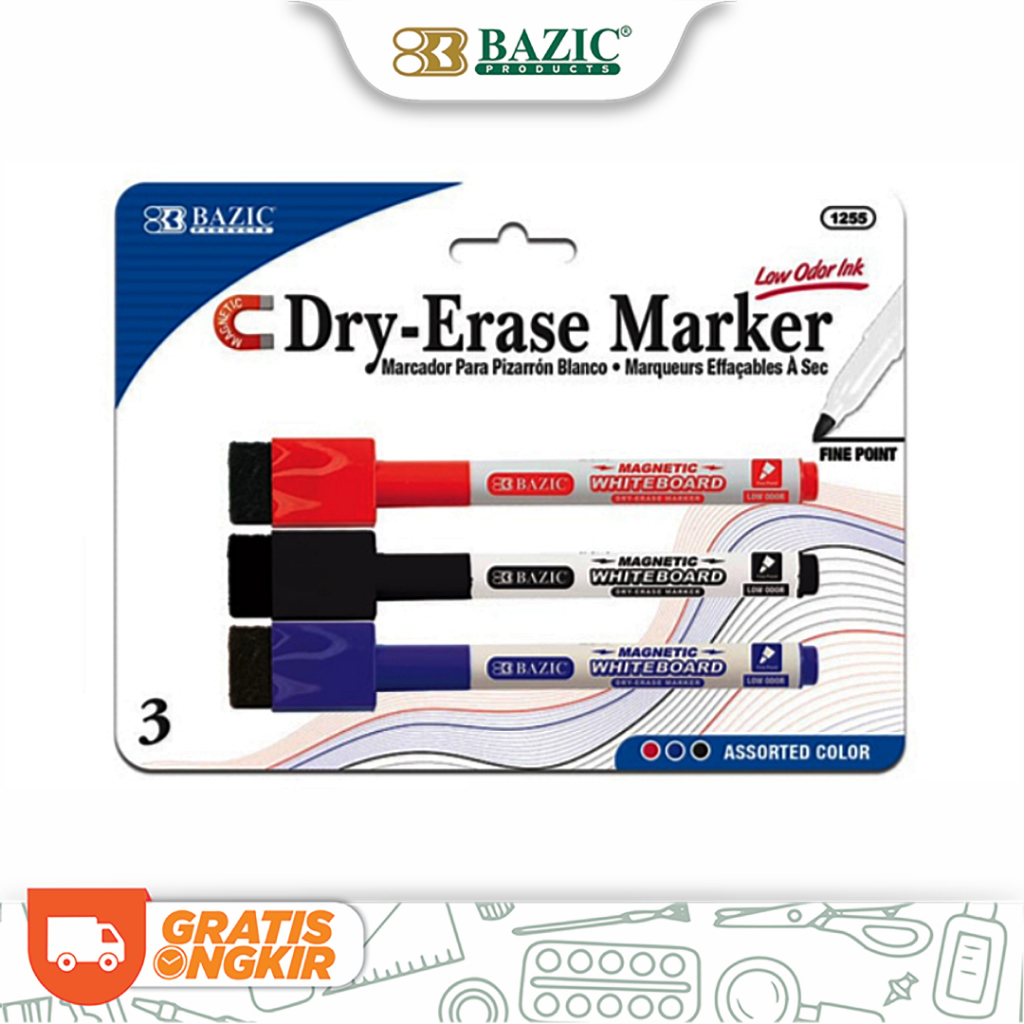 

Bazic Assorted Color Magnetic Dry-Erase Markers (3/Pack) - Spidol Papan Tulis Include Penghapus