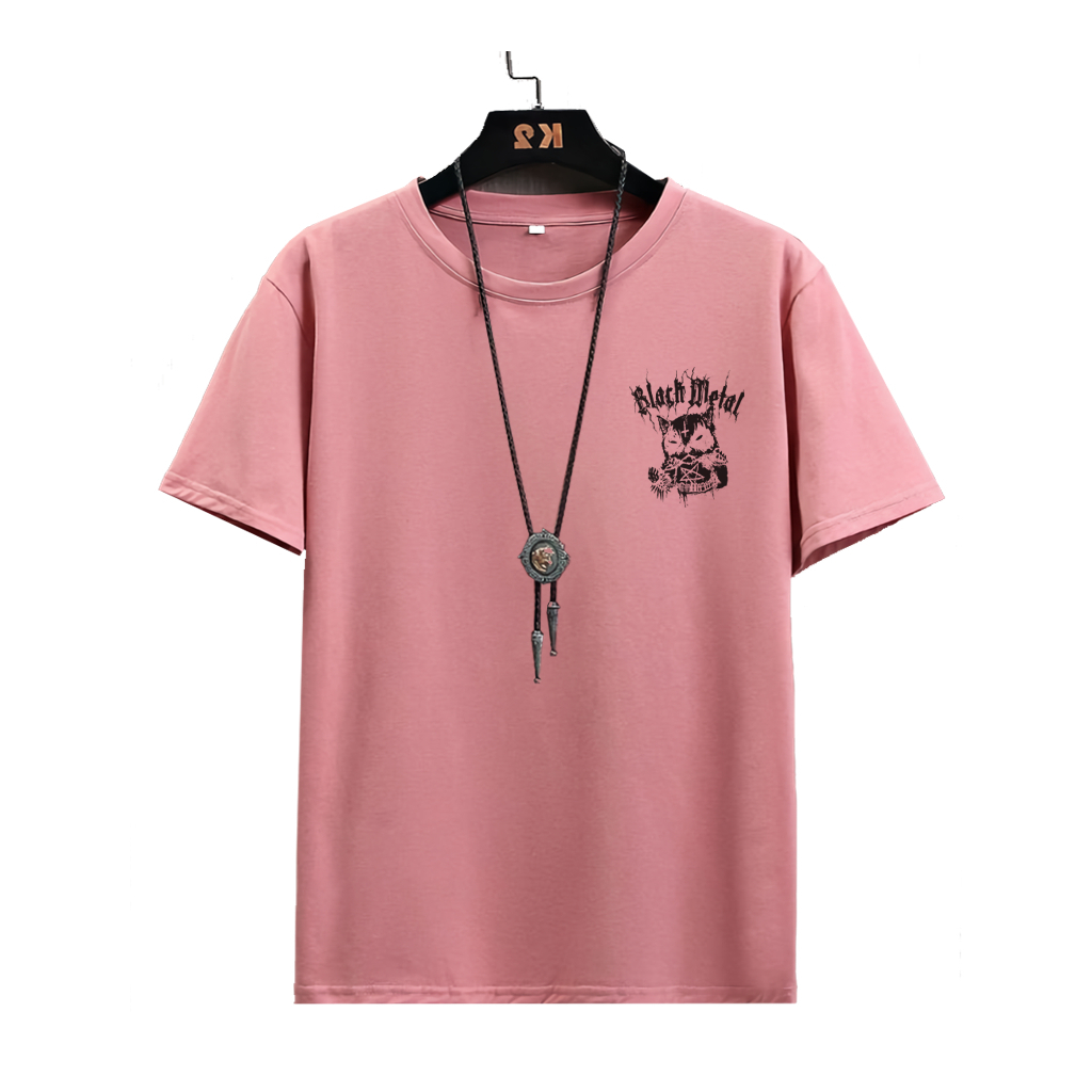 Baju Kaos Distro Pria Wanita Lengan Pendek Motif Black Cat Warna Dusty Pink T-shirt Distro Premium B