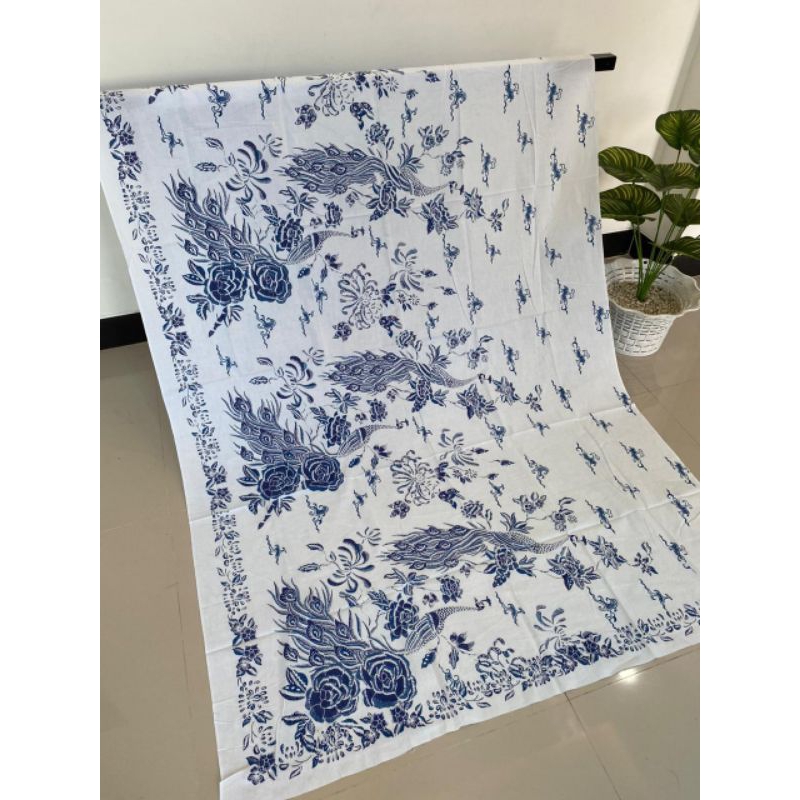 kain batik katun printing motif merak biru dasar putih