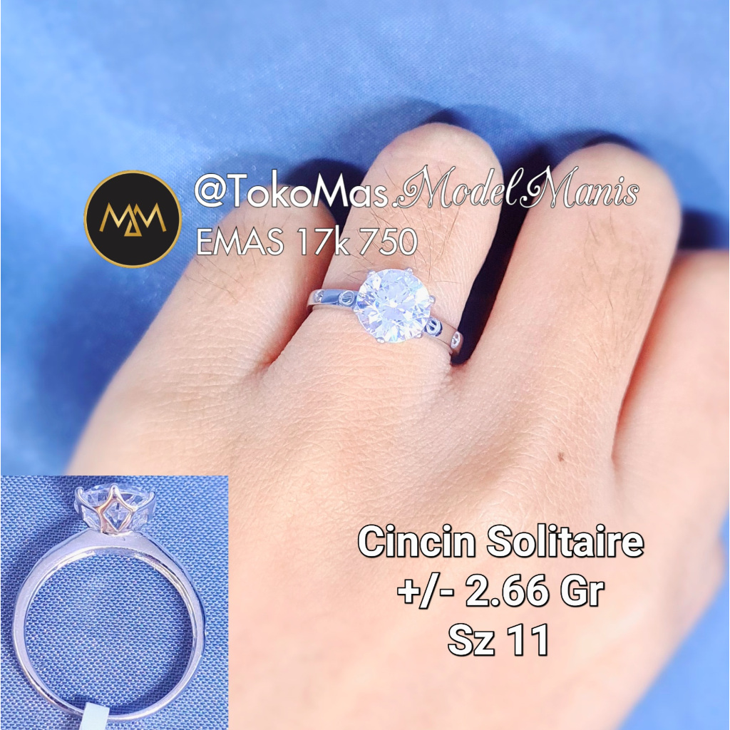 Cincin Big Solitaire Emas Putih 750 kadar 17k