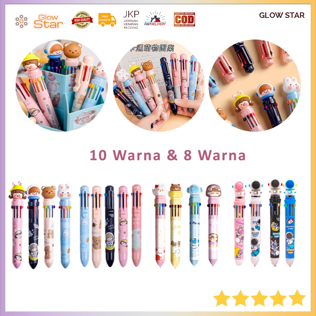 

BMC2 Pulpen Pena Cute Collection Ballpoint Multi Warna 10 in 1 Multi Color Colour, Bolpen warna warni, Bolpen lucu imut Astronot Bear Bunny Girl Wanita Pink Space multicolor campuran warna