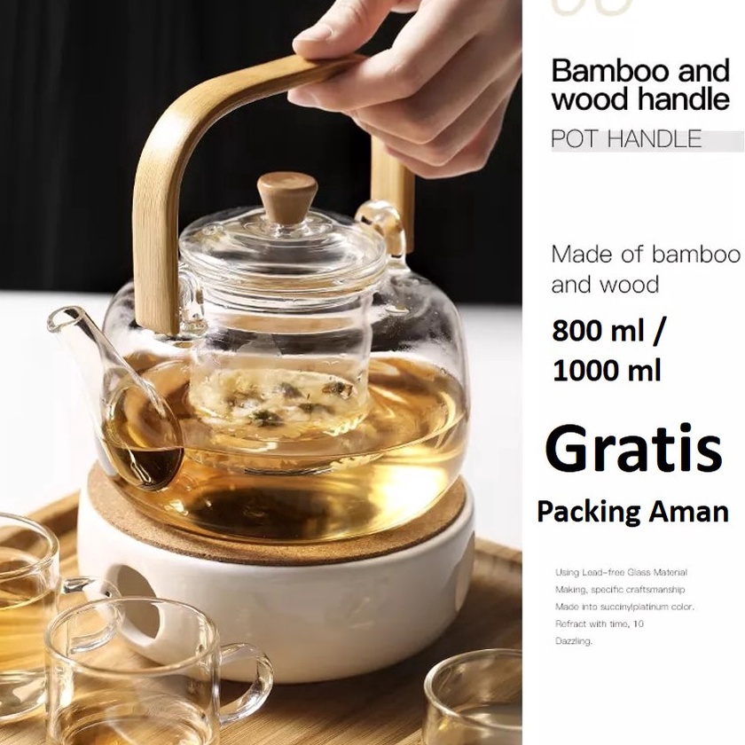 Terkini [Tahan Api] Ceret Tea Pot Teko Kaca Tahan Panas Pitcher teapot Gagang Kayu Glass Teapot Japa