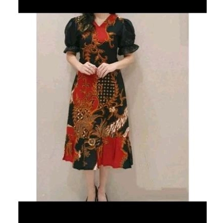 Dress Wanita Merak Maron Batik Kombinasi Brokat