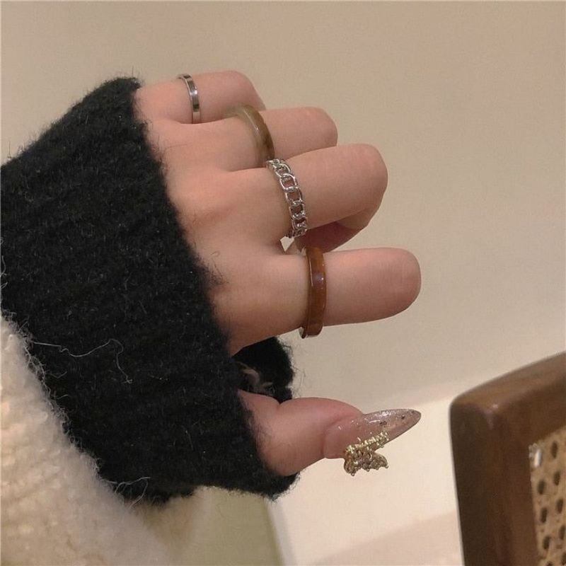 Resin Crystal Gold Ring Set | Cincin Emas Vintage Adjustable, Cincin Pria Wanita, Gaya Retro, Model 