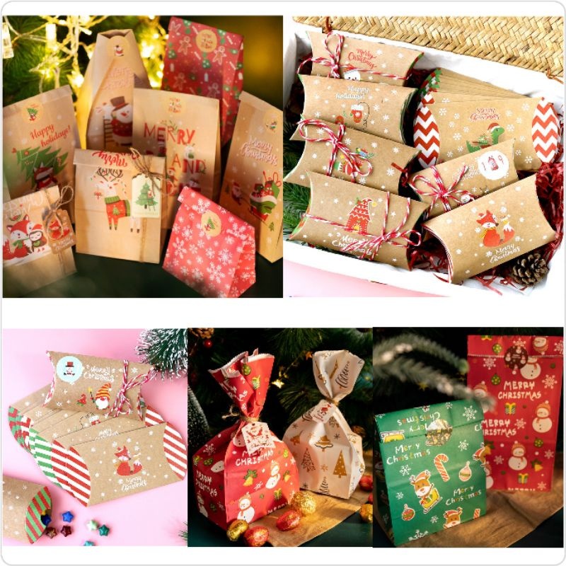 

24set paper bag natal stiker tali / kantong kemasan kertas natal / paper box natal / goodie bag