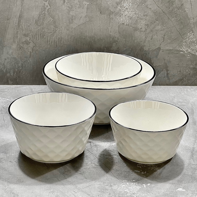 ACLASA Mangkok Keramik Porselen Putih / Diamond Pattern Bowl / Mangkok Tahan Panas