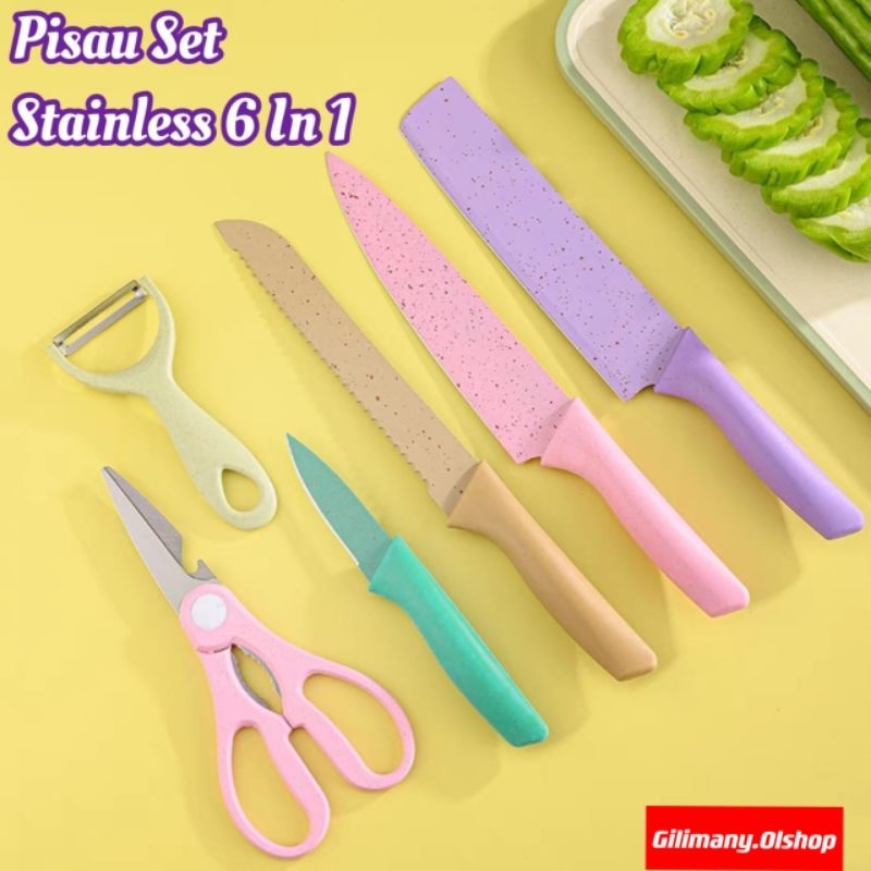 Kitchen Knife See stainless Stell/ Pisau Dapur set 6in 1 Bahan Stainless⭐ Gilimany⭐
