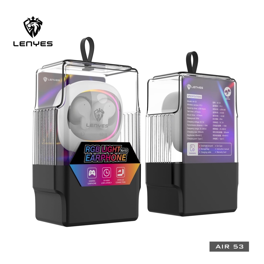 LENYES RGB AIR 53 TWS Earphone Light Wireless Bluetooth 5.3 Headset Hifi Stereo 50ms Low Latency