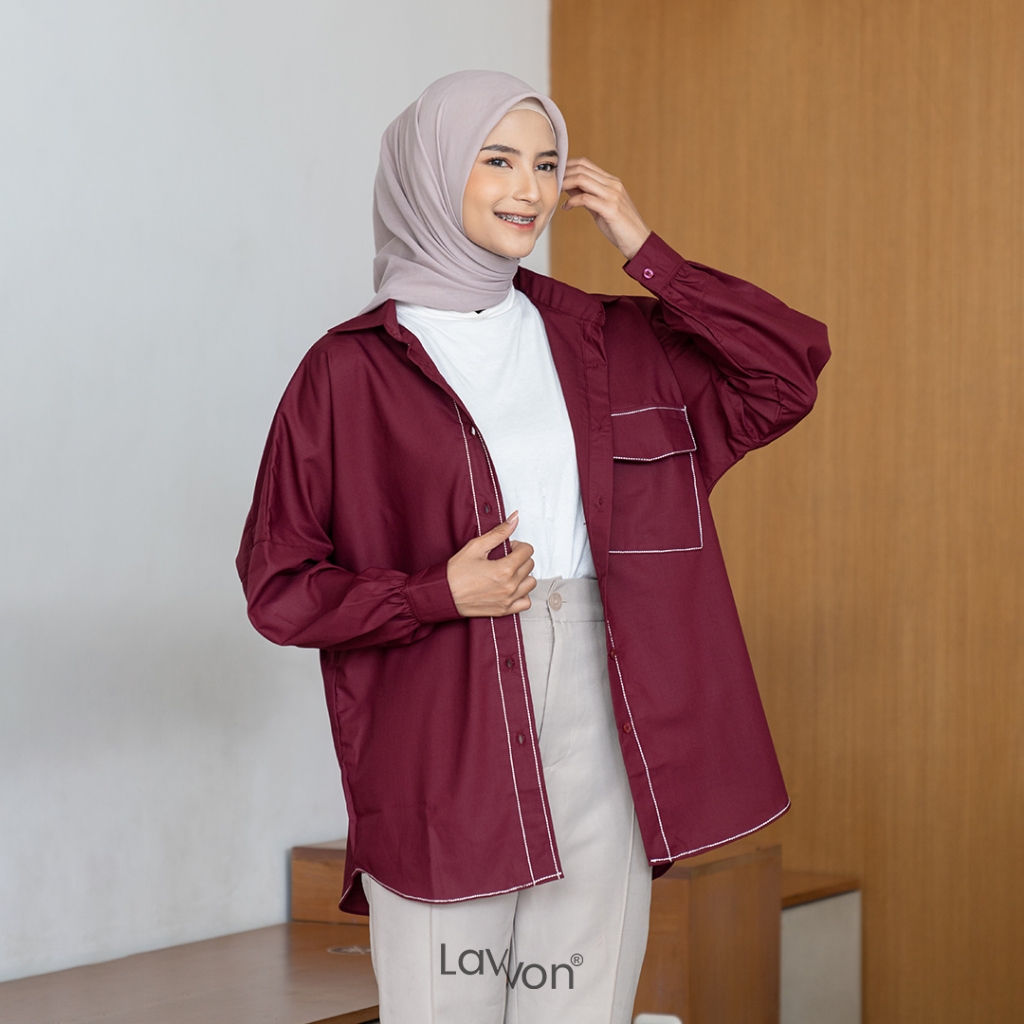 BELLE BLOUSE Maroon Atasan Wanita Kerja Kekinian Multifungsi Original By Lavvon