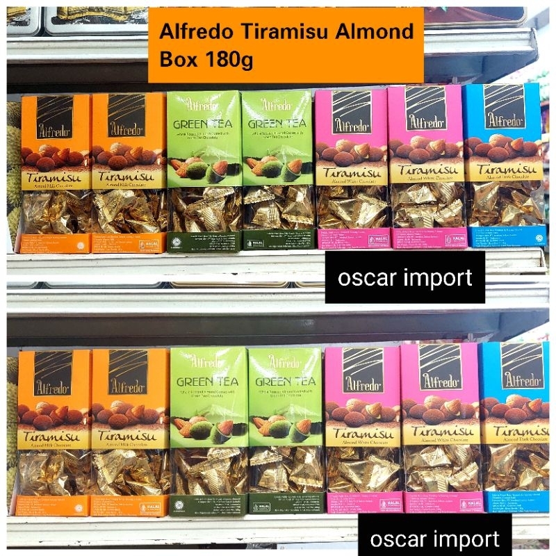 

Alfredo Almond Tiramisu Chocolate box 180g isi almond utuh import coklat cokelat enak