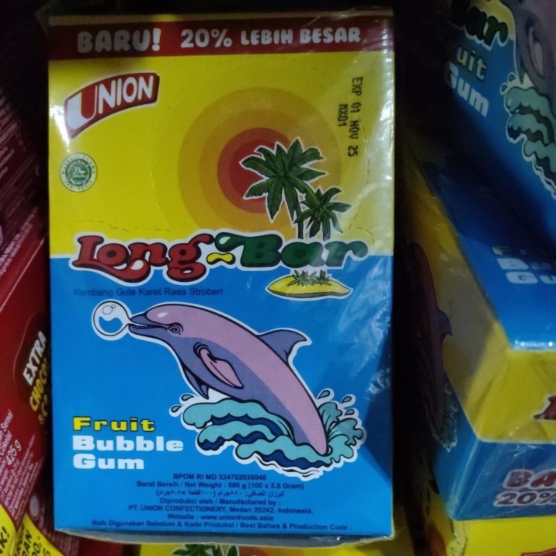 

long bar fruit bubble gum permen karet rasa stroberi isi 100 pcs